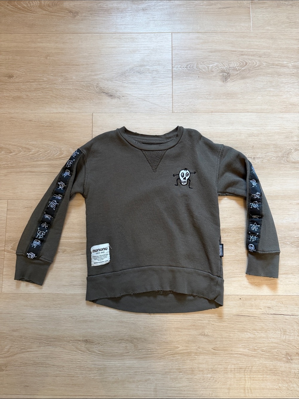 nununu Olive Green Sweatshirt with Skull Patch and Sleeve Tape